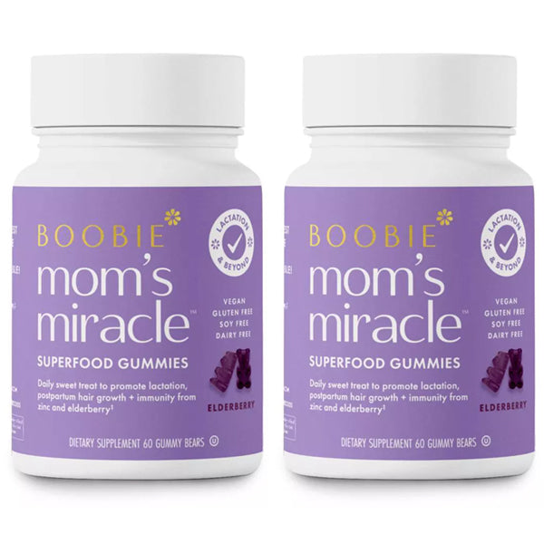 Two bottles of Boobie Bears Vegan Lactation Supplement Gummies, Elderberry flavor, 60ct each; vegan superfood gummies designed to support milk production for breastfeeding moms.